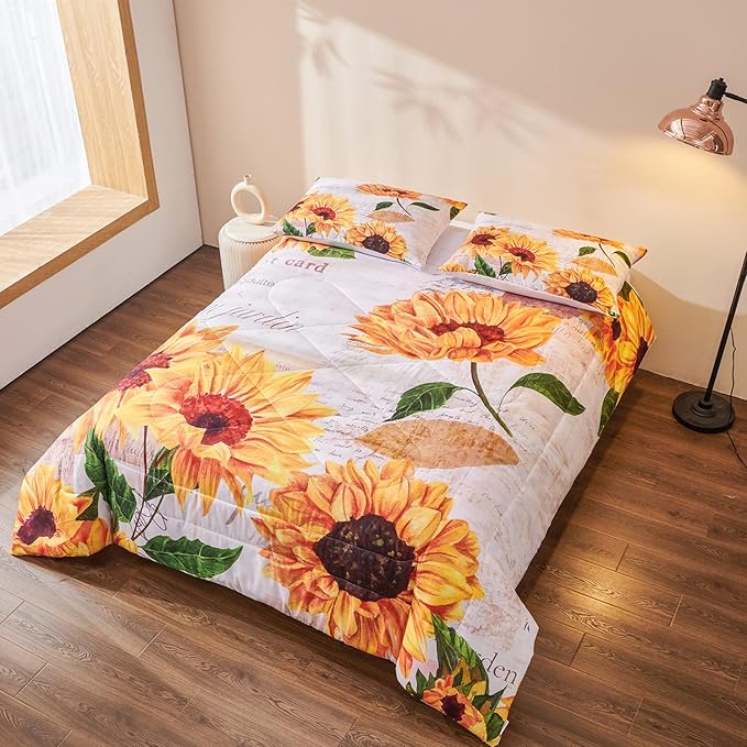 Sunflower Comforter Sets,Seamless Pattern with Hand Drawn Vibrant Yellow Watercolor Sunflowers on The Background,Decorative Bedding Comforter Sets with 2 Pillow Shams, Twin Size
