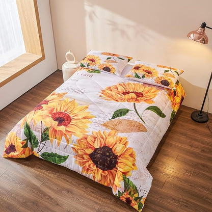 Sunflower Comforter Sets,Seamless Pattern with Hand Drawn Vibrant Yellow Watercolor Sunflowers on The Background,Decorative Bedding Comforter Sets with 2 Pillow Shams, Twin Size