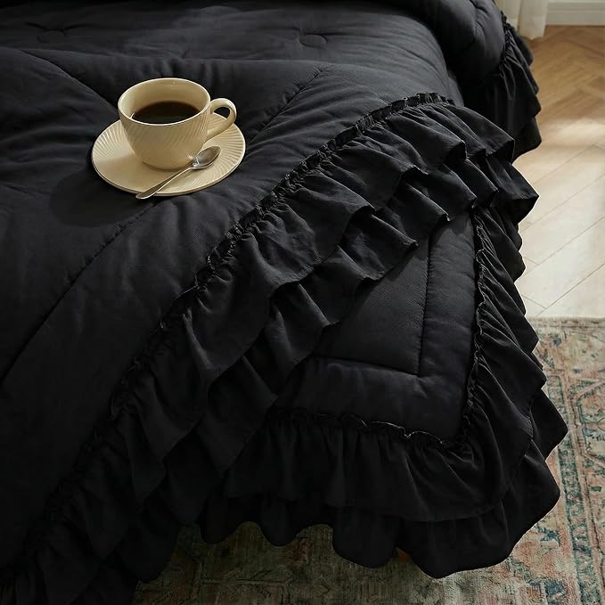 Black Comforter Set Queen Boho Bedding Set Shabby Chic 2 Layers Ruffled Bedroom Home Decor Ultra Soft Microfiber Farmhouse Down Comforter Bohemian Quilt Set