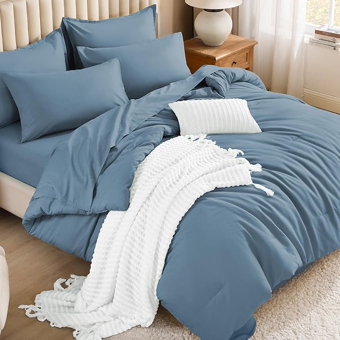 Litanika Comforter Full Size Set Grayish Blue - 7 Pieces Bed in a Bag Full Bedding Comforter Sets, Plain Lightweight Bed Set with Comforter, Sheets, Pillowcases & Shams