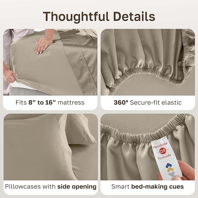 California Design Den Luxury King Size Sheet Set - 100% Cotton, 600 Thread Count Deep Pocket King Sheets, Hotel-Quality Bedding with Sateen Weave (Cool Taupe)