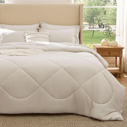 Bedsure 7 Pieces King Comforter Set Premium Series, Hotel Luxury Soft Bed in a Bag, Goose Down Alternative, Safe for Sensitive Skin Bedding Comforter All Season Medium Warmth, Beige Wavy Quilted
