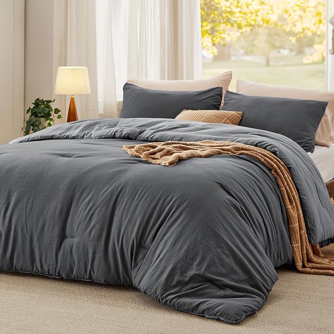 Bedsure King Comforter Set, Dark Gray Soft Prewashed Bedding for All Seasons, 3 Pieces GentleSoft™ Bed Set, 1 Lightweight Comforter (104"x90") and 2 Pillowcases (20"x36")