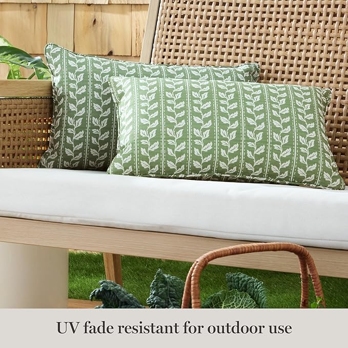 Martha Stewart Vineyard Vines Indoor Outdoor Decorative Lumbar Pillow 2-Pack Set, UV Fade Resistant, Water Repellent, Printed Garden Design, Green, 11"x18"