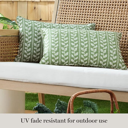 Martha Stewart Vineyard Vines Indoor Outdoor Decorative Lumbar Pillow 2-Pack Set, UV Fade Resistant, Water Repellent, Printed Garden Design, Green, 11"x18"