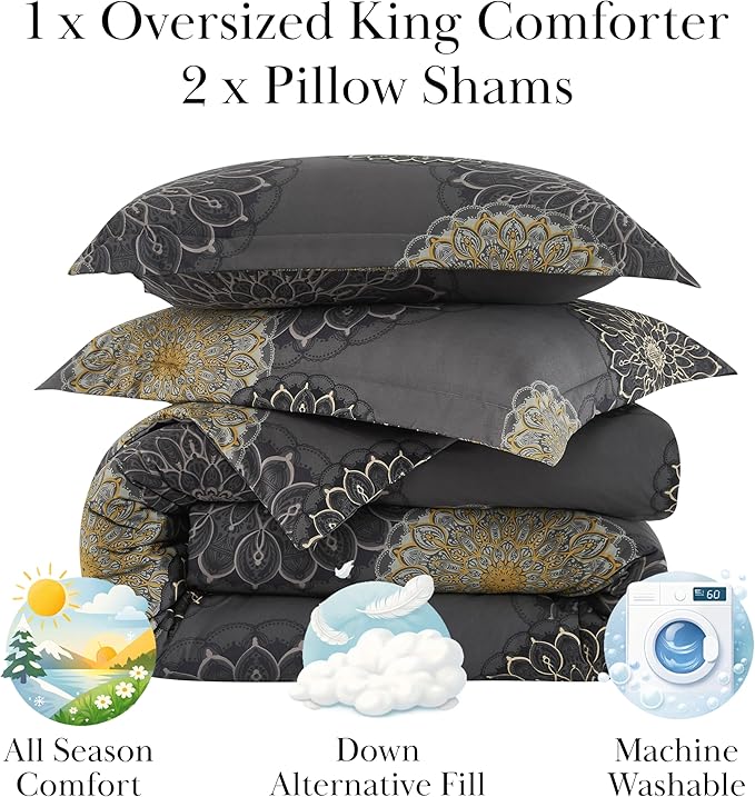 Southshore Fine Living, Inc. Comforter California King Size Bedding Set, Down Alternative Boho Bedspread, Paisley Floral Comforter, King/California Size with 2 Matching Shams, Midnight Floral Black