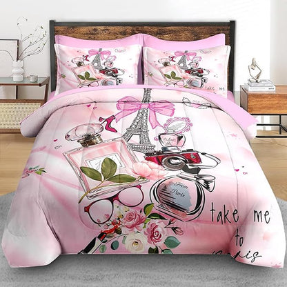7 Pcs Comforter Set Queen Size, Paris Teen Girls Pink Bedding for Kids and Adults, Cute Makeup Perfume Bed Sheet Sets with Fitted Sheet 2 Pillowcases & 2 Shams for Bedroom Bed Decor