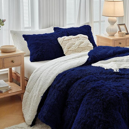UOZZI BEDDING Navy Faux Fur Comforter Set King 3 Pieces - 1 Shaggy Comforter 104 x 90 with 2 Pillowcases - Ultra Soft and Easy Care Luxury Plush Warm Winter Fluffy Fleece Duvet Set