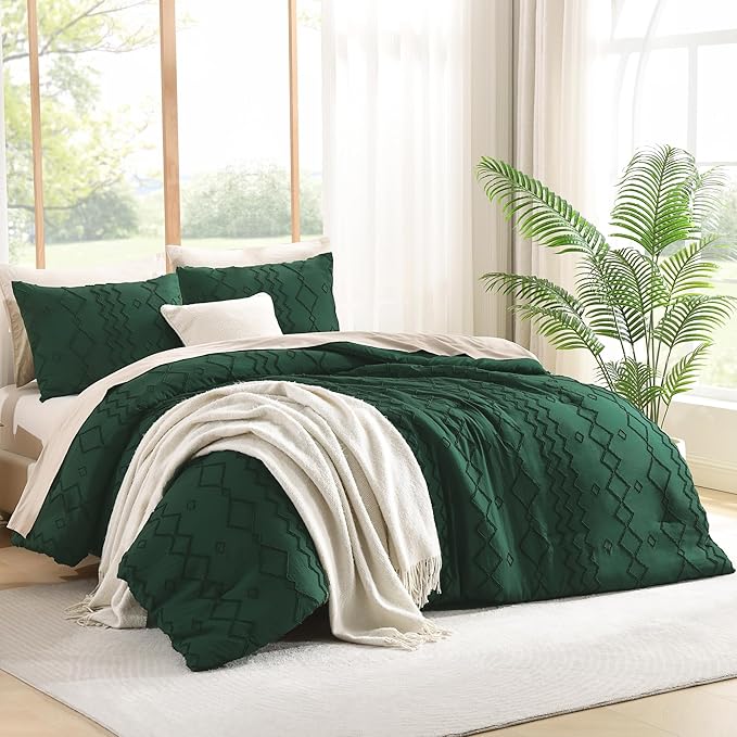 Andency King Size Comforter Set, 3 Pieces Dark Emerald Green Boho Tufted Geometric Shabby Chic Bedding, Soft Fluffy Farmhouse Bed Set, Jacquard Textured Comforter for All Season (104x90 Inch)