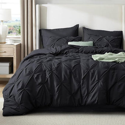 Bedsure California King Comforter Set Black - Bed in a Bag Cal King Bedding Set 7 Pieces, GentleSoft™ Pintuck Bed Set Gift for Family, Pinch Pleat Black Comforter with Sheets, Pillowcases & Shams