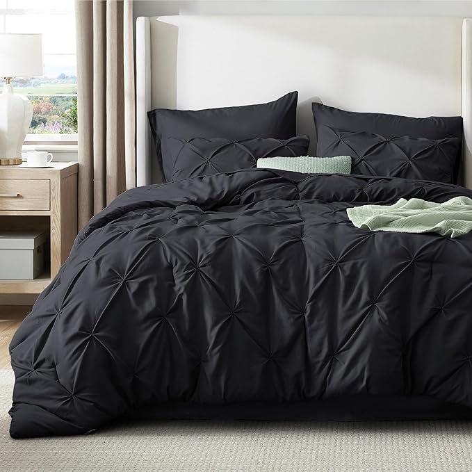 Bedsure Queen Comforter Set Black - Bed in a Bag Queen Size Bedding 7 Pieces, GentleSoft™ Pintuck Bed Set Gift for Family, Pinch Pleat All Season Comforter with Sheets, Pillowcases & Shams
