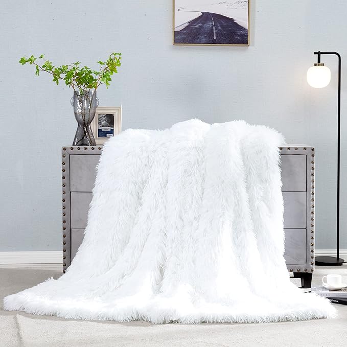 JONIYEAR Extra Large Decorative Fluffy Faux Fur Blanket Full Size 71" x 80", Soft Luxury Lightweight Furry Blankets, Accent Cozy Shaggy Plush Fuzzy Blankets for Bed, Thick Warm Winter Blanket, White
