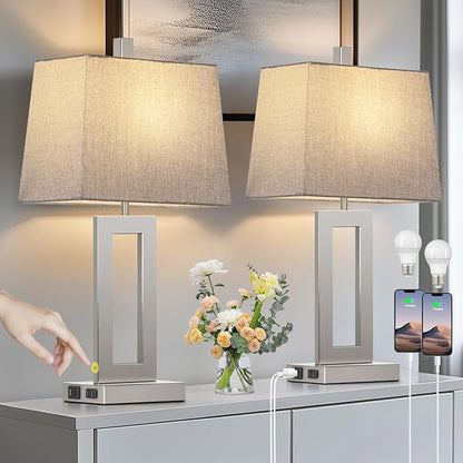 Touch Control Table Lamp Set of 2, Modern Silver Bedside Lamps with USB C+A Ports & AC Outlet, 3 Way Dimmable Bedroom Lamps for Night Stands Bedroom Living Room,Nightstand Lamp