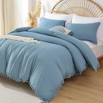YIRDDEO Twin Comforter Set - Comforter Twin Size Bed with Ball Pom Fringe, Soft Bedding Set for All Seasons - 2 Pieces, 1 Comforter (66"x90") & 1 Pillow Sham(20"x26"), Dusty Blue