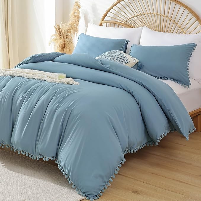 YIRDDEO Queen Comforter Set - Comforter Queen Size Sets with Ball Pom Fringe, Soft Bedding Set for All Seasons - 3 Pieces, 1 Comforter (90"x90") & 2 Pillow Shams (20"x26"), Dusty Blue