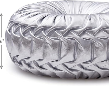 EUCIOR Round Throw Pillows,Pumpkin Pleated Handmade Metallic Throw Pillows,Silver Pillows,Modern Leather Decorative Pillowcases for Home Decor Bedroom Living Room Couch Bed Sofa (Silver)