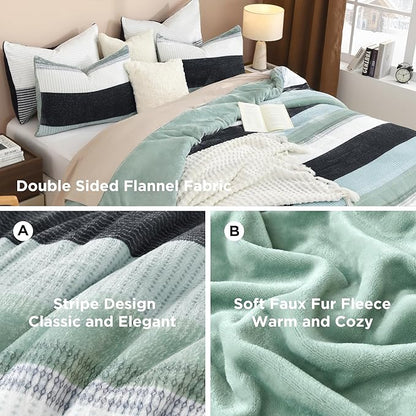 Litanika Fluffy Fleece Queen Comforter Set, Luxury Soft Plush Fuzzy Sage Green Stripe Bedding Comforter Sets, Warm Shaggy Faux Fur Bed Set All Season (1 Comforter, 2 Pillowcases)