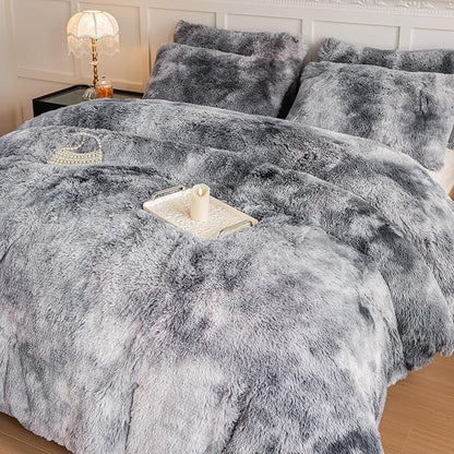 chovy Faux Fur Tie-Dyed Black White Gray Colorful Comforter Sets Queen - 3PC Bed Set Ultra Soft Plush Flannel Velvet Fluffy Fuzzy Bedding（Comforter x 1 Pillowcases x 2）
