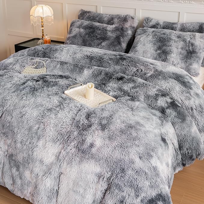 chovy Faux Fur Tie-Dyed Black White Gray Colorful Comforter Sets King - 3PC Bed Set Ultra Soft Plush Flannel Velvet Fluffy Fuzzy Bedding（Comforter x 1 Pillowcases x 2）