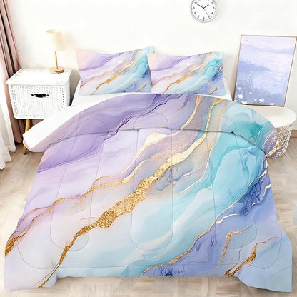 Marble Comforter Set King Size for Kids Women Men Watercolor Bedding Sets for Bedroom Decor Abstract Luxury Purple Blue Green Gold Quilt Set with 1 Comforter + 2 Pillowcases