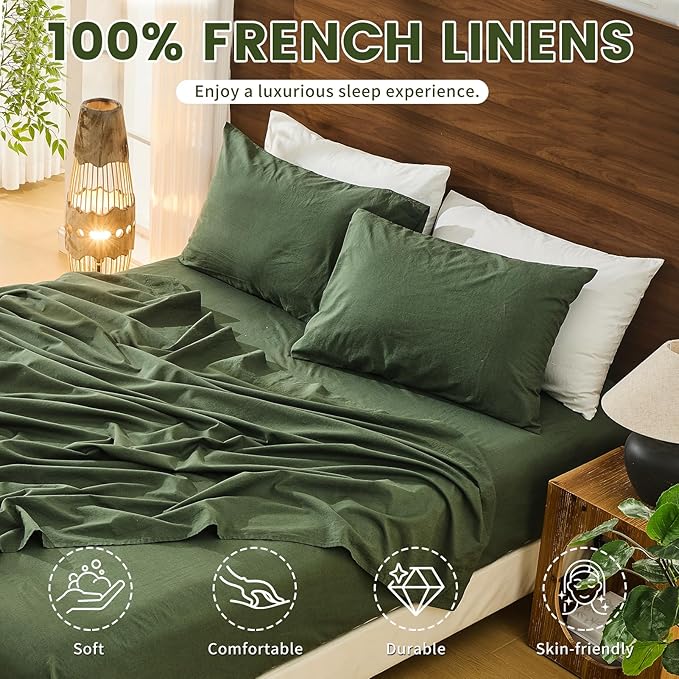 Bedlifes 100% French Pure Linen Sheets California King Size Breathable and Cooling Flax Sheet Set Soft Durable and Moisture Wicking 16 Inch Deep Pocket-4 Piece(Cal King,Forest Green)