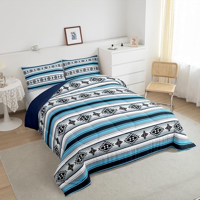 Erosebridal Boho Boys Bedding Sets Queen Western Bohemian Comforter Set Blue Grey Southwestern Aztec Bedding Comforter Sets for Kids Teen Southwest Tribal Mexican Quilt Duvet Rustic Farmhouse Decor