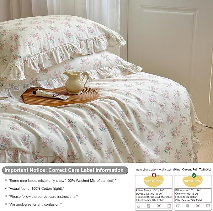 mixinni 3-Piece Pink Floral Ruffle Comforter Set King - Cottagecore Botanical Duvet Cover with Lace Trim & 2 Pillow Shams, Soft Cotton Boho Bedding for Teen Girls, Aesthetic Coquette Bed Set