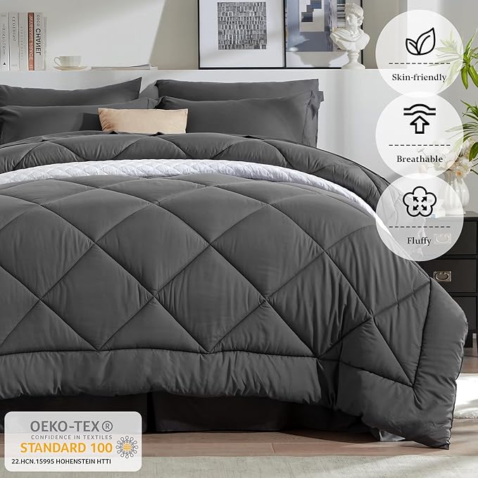 Newspin Twin XL Comforter Set Dark Grey - Bed in a Bag Twin XL Size 6 Pieces, All Season Bed Set, Fluffy Comforter Set with Sheets, Sheet Set Quilt Blanket, Pillowcases & Shams & Bed Skirt