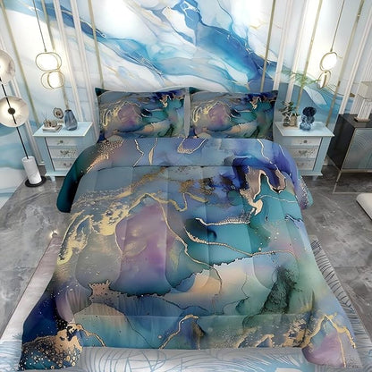 Erosebridal Golden Marble Grain Bedding Set King, Abstract Marble Texture Design Duvet Insert Marbling Comforter Set Iridescent Ink Fluid Art Duvet Filler Pastel Purple Teal Green Home Decor