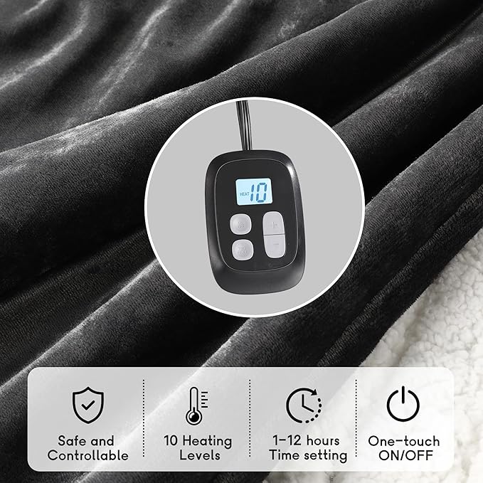 Heated Blanket Electric Blanket King Size 90''x100'' with 10 Heating Levels, 1-12 Hour Auto Shut Off, Machine Washable, Dual Controller Soft Warming Blanket for Couch, Bed, Office - Dark Gray