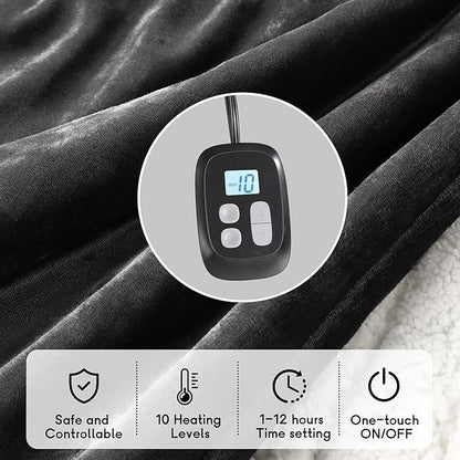 Heated Blanket Electric Blanket King Size 90''x100'' with 10 Heating Levels, 1-12 Hour Auto Shut Off, Machine Washable, Dual Controller Soft Warming Blanket for Couch, Bed, Office - Dark Gray