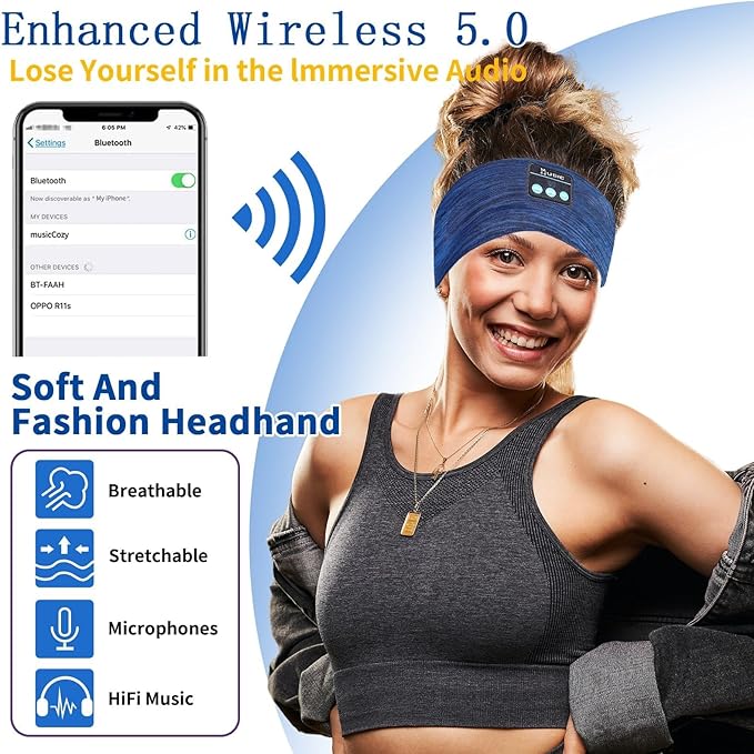 Bluetooth Headphones, Sleep Headphones Headband Wireless for Sleeping Side Sleepers - Adjustable Sleep Headphone, and Bluetooth Headbands for Women Men (Blue)
