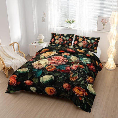 Cute Flower 3 Piece Bedding Set Twin Size，Colorful Floral Ultra Soft Microfiber Comforter Bed Set with 3-Pieces,Flower Comforters Sets for Girl Teen Floral Bedroom Decor with 2 Pillow Shams