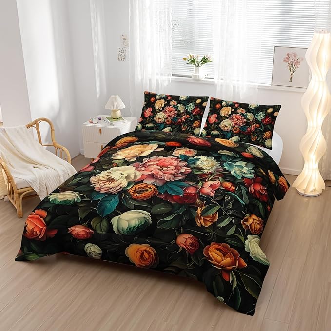 Cute Flower 3 Piece Bedding Set Queen Size，Colorful Floral Ultra Soft Microfiber Comforter Bed Set with 3-Pieces,Flower Comforters Sets for Girl Teen Floral Bedroom Decor with 2 Pillow Shams