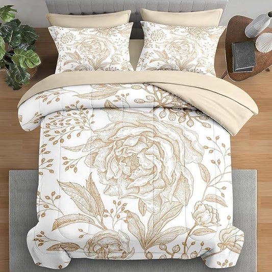 Comforter Set Queen Size, Rose Gold Floral Vintage 7 Pcs Bedding for Kids and Adults, Flower Leaves Retro Bed Sheet Sets with Fitted Sheet 2 Pillowcases & 2 Shams for Bedroom Bed Decor