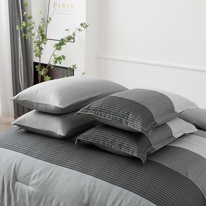 Anibedding Grey Comforter Set Full Size 7 Pieces, Ombre Striped Bed in a Bag with Sheet Sheet, Boho Patchwork Down Alternative Comforter Bedding Set for All Season （78''x90''