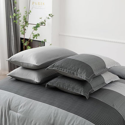 7 Pieces Grey Striped Comforter King Size - Ombre Grey Bed in a Bag Bedding Comforters Set, All Season Microfiber Complete Bedding Set with Flat/Fitted Sheet, Pillowcases and Pillow Shams