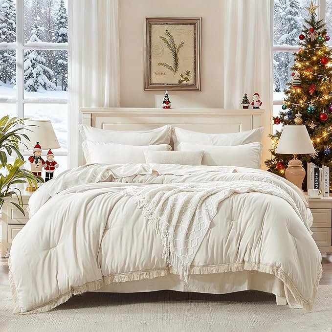 Andency King Size Comforter Set 7 Pieces, Beige Bed in a Bag King Fluffy Boho Tassel Bed Set, Cream Fringe Bedding Set with Quilt Comforter, Sheets, Pillowcases & Shams