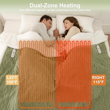 Heated Blanket King Size 100"X90" Green - Soft Thick Warm Sherpa Electric Blanket for Winter with Dual Control, 5 Fast Heating Levels & 10hrs Auto Off, Washable & ETL Certified for Bed