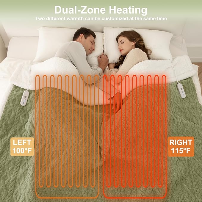 Queen Size Heated Blanket 84"X90" Green - Soft Thick Warm Sherpa Electric Blanket for Winter with Dual Control, 5 Fast Heating Levels & 10hrs Auto Off, Washable & ETL Certified for Bed