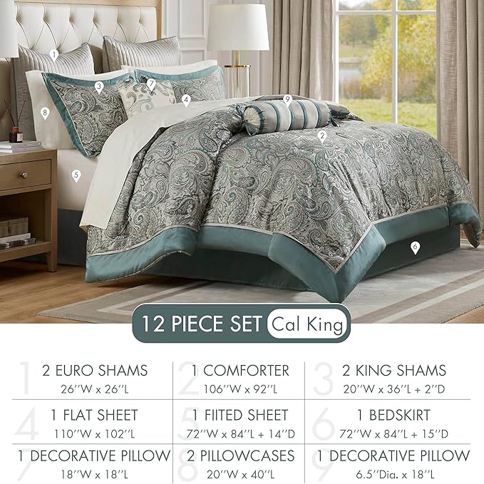 Madison Park Aubrey Cozy 12 Piece Comforter Set & Sheet, Luxe Faux Silk Jacquard Paisley Design - All Season Down Alternative Bedding with Cotton Bed Sheets, Bedskirt, Toss Pillows, Cal King Teal