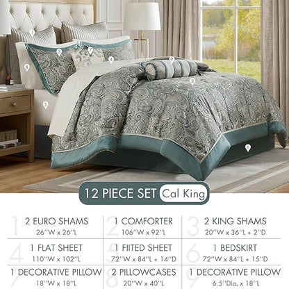 Madison Park Aubrey Cozy 12 Piece Comforter Set & Sheet, Luxe Faux Silk Jacquard Paisley Design - All Season Down Alternative Bedding with Cotton Bed Sheets, Bedskirt, Toss Pillows, Cal King Teal