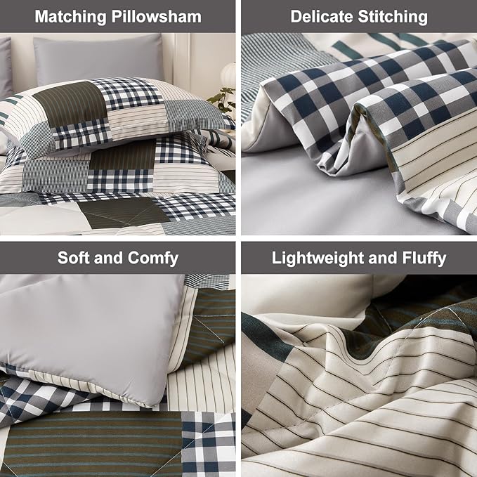 Comforter Set Queen Size Plaid Patchwork Comforter Bedding-7 Piece Bed in a Bag,Soft Fluffy Reversible Microfiber Bedding Set(1 Comforter,1 Flat Sheet,1 Fitted Sheet,2 Pillowcases,2 Pillow Shams)