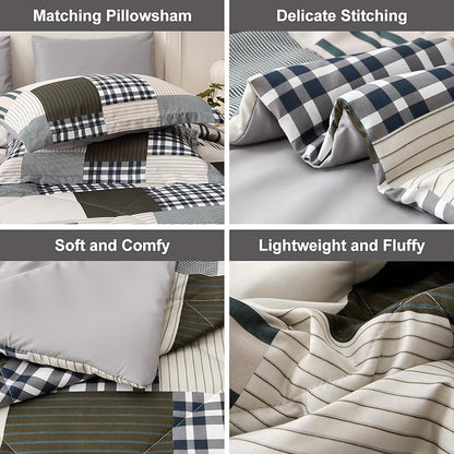 Comforter Set Queen Size Plaid Patchwork Comforter Bedding-7 Piece Bed in a Bag,Soft Fluffy Reversible Microfiber Bedding Set(1 Comforter,1 Flat Sheet,1 Fitted Sheet,2 Pillowcases,2 Pillow Shams)