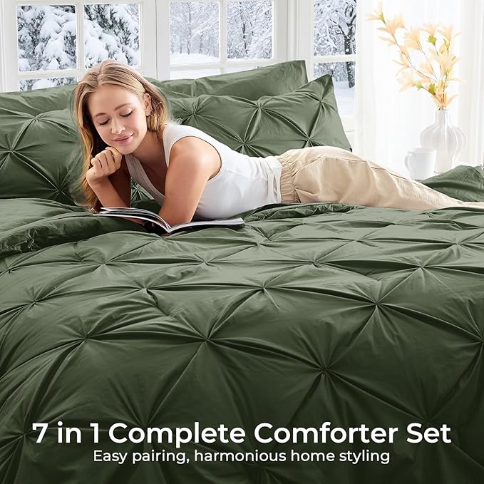 Sasttie Queen Comforter Set, 7-Piece Bed in a Bag, Pintuck Bedding Sets for All Season, Includes Comforter, Flat Sheet, Fitted Sheet, Pillowcases and Pillowshams, Dark Green