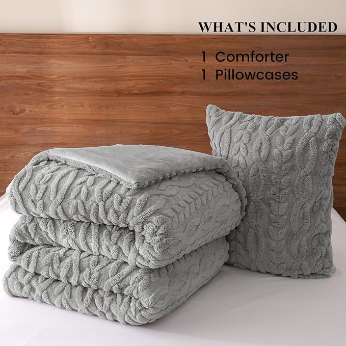 PHF Fluffy Sherpa Fleece Twin Comforter Set, 2 Pieces Warm Fuzzy Soft Bedding for Winter, 3D Tufted Flannel Plush Shaggy Bed Set, 1 Comforter (68"x90") and 1 Pillowcase (20"x26"), Grey