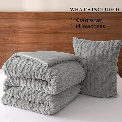 PHF Fluffy Sherpa Fleece Twin Comforter Set, 2 Pieces Warm Fuzzy Soft Bedding for Winter, 3D Tufted Flannel Plush Shaggy Bed Set, 1 Comforter (68"x90") and 1 Pillowcase (20"x26"), Grey