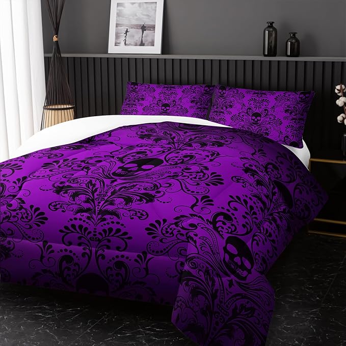 Adults Violet Gothic Comforter Set Queen Size,Vintage Damask Floral Bedding Set 3Pcs,Bohemia Bedding Set Goth Skull Printed Quilted Set for Teens Adult with 1 Comforter and 2 Pillowcase