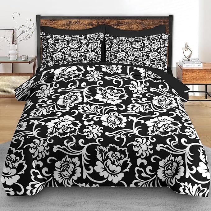 Comforter Set Queen Size, Vintage Floral Flower 7 Pcs Bedding for Kids and Adults, Black and White Bed Sheet Sets with Fitted Sheet 2 Pillowcases & 2 Shams for Bedroom Bed Decor