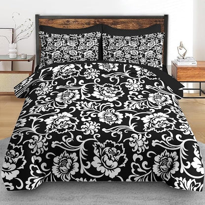 Comforter Set Queen Size, Vintage Floral Flower 7 Pcs Bedding for Kids and Adults, Black and White Bed Sheet Sets with Fitted Sheet 2 Pillowcases & 2 Shams for Bedroom Bed Decor